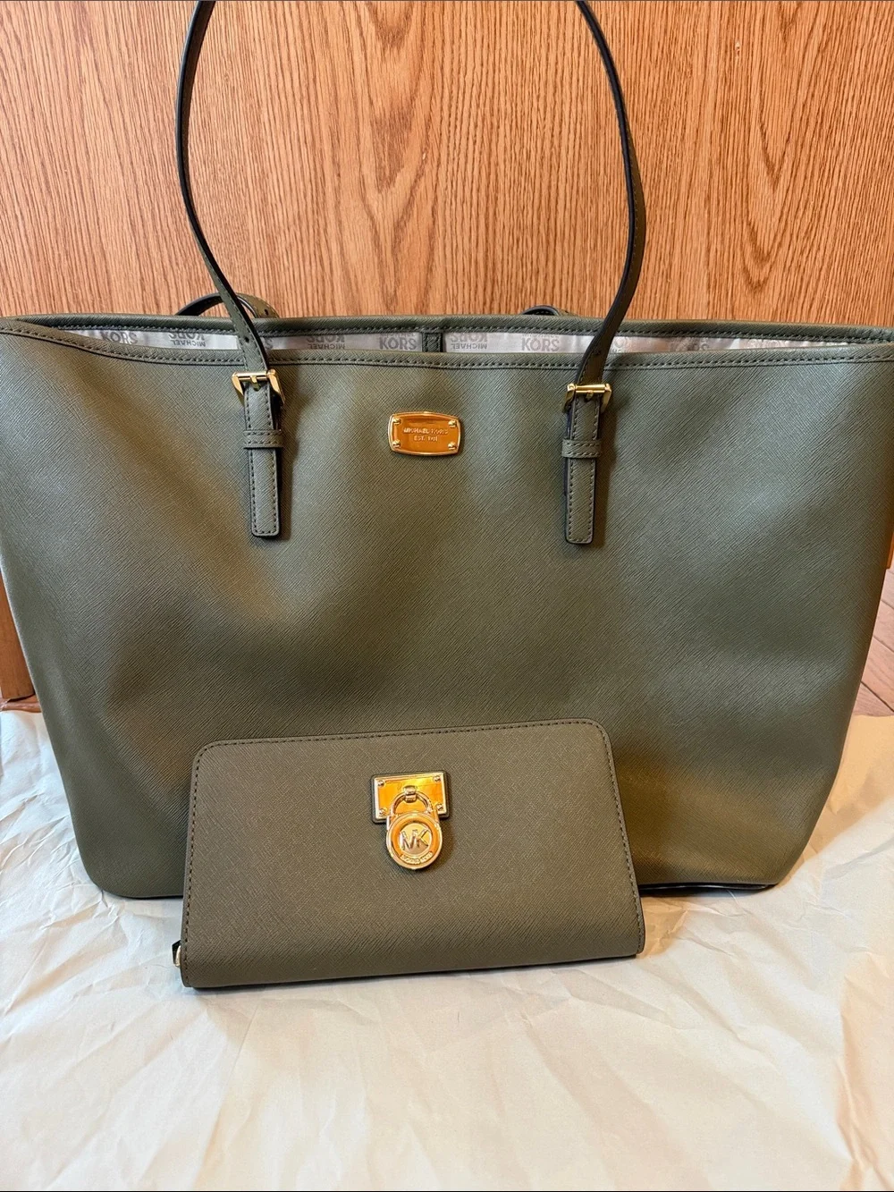 Michael Kors Olive Green Saffiano Tote with Gold Hardware